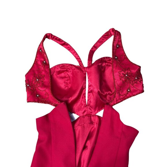 Vintage red formal gown with beaded bodice and cut out sides Size 6 - Picture 6 of 7